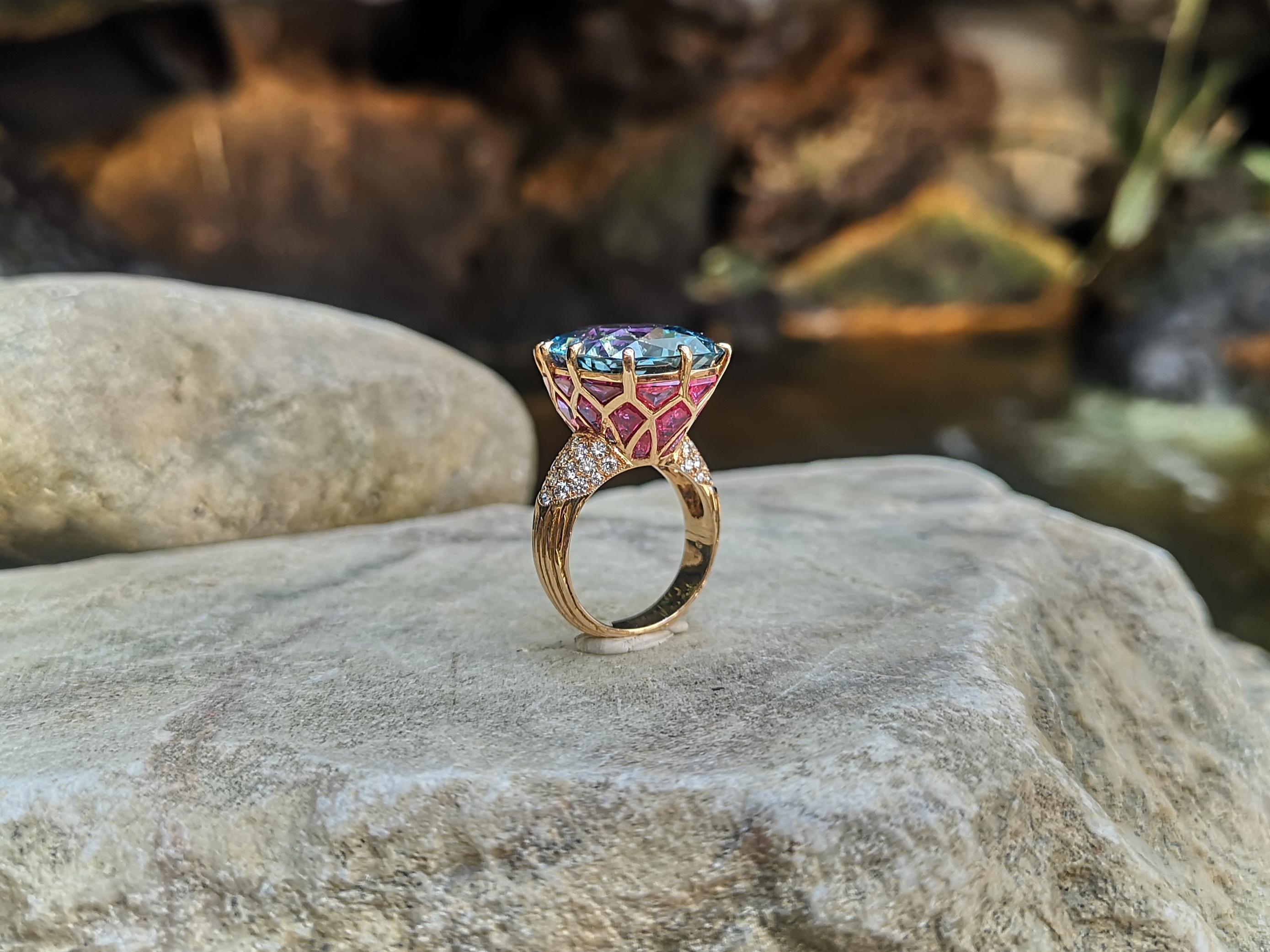 GRS Certified Santa Maria Aquamarine, Ruby, Diamond Ring in 18 Karat Rose Gold 5