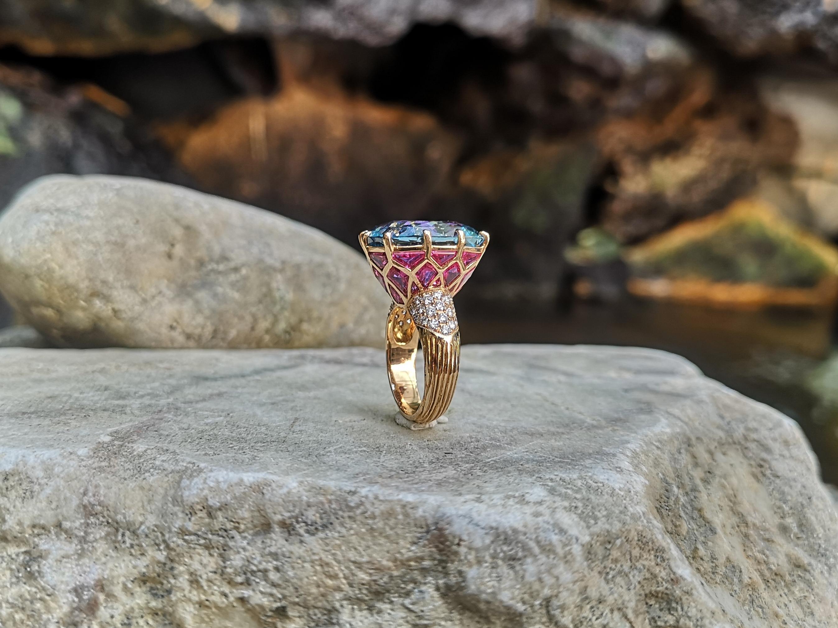 GRS Certified Santa Maria Aquamarine, Ruby, Diamond Ring in 18 Karat Rose Gold 6