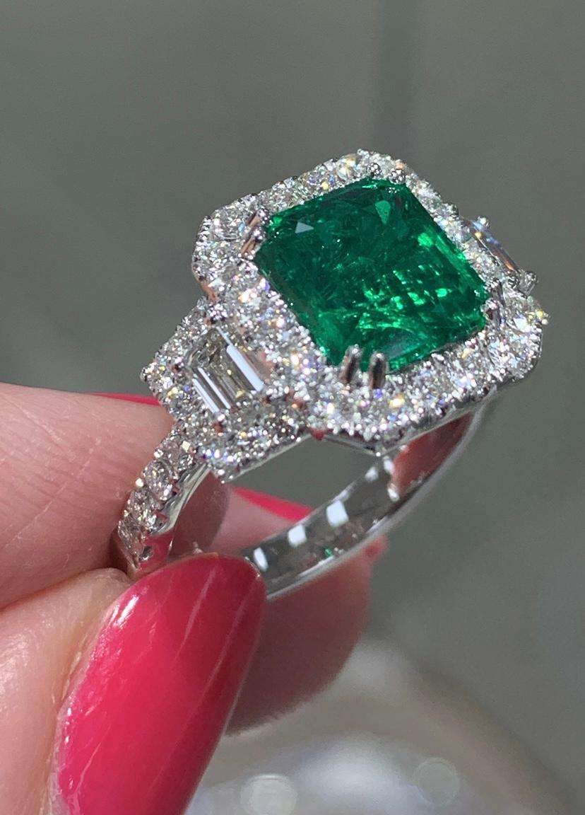 Emerald Cut GRS Certified Statement 2.50ct Zambian Emerald, Cut Emerald & Diamond Ring For Sale