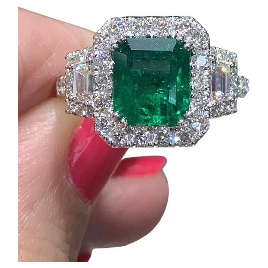 GRS Certified Statement 2.50ct Zambian Emerald, Cut Emerald & Diamond Ring For Sale