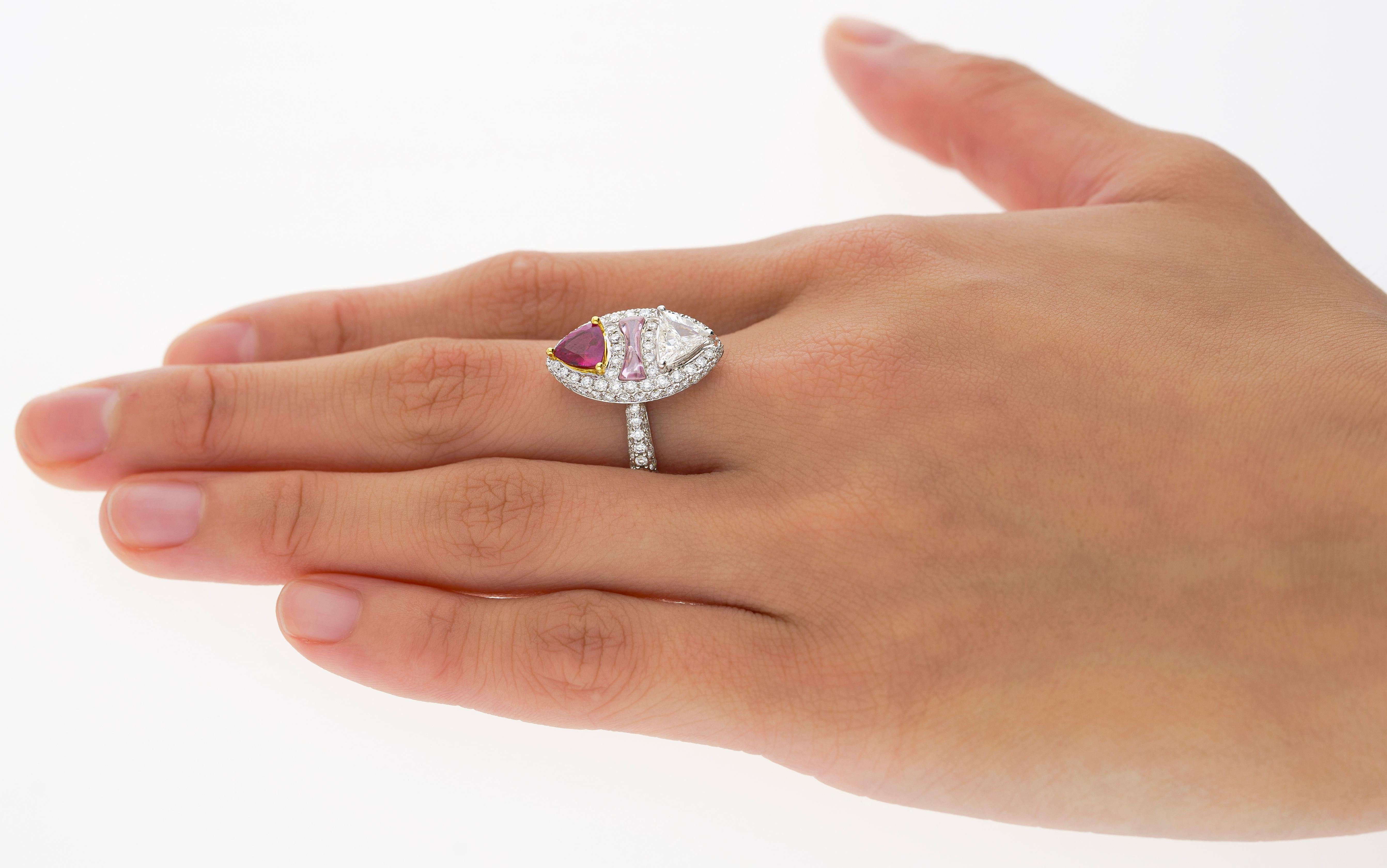 GRS Certified Trilliant Cut Burma Ruby and Diamond Long Frame Toi Et Moi Ring For Sale 4