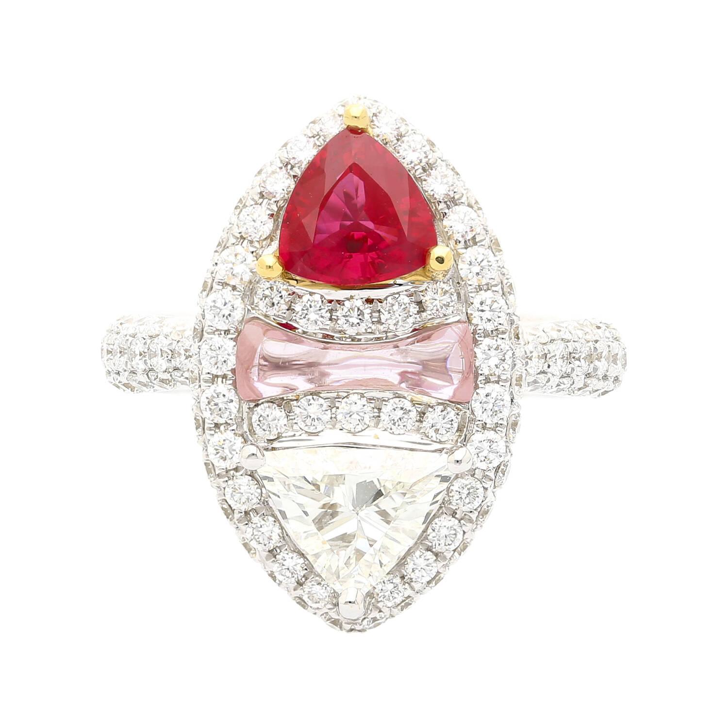 18k white gold ring with an elongated oval shape. Features two trilliant-cut gemstones: a 0.83-carat triangular-cut Burma ruby and a 0.42-carat triangular-cut diamond. Symmetrically placed. A round-cut diamond halo of 1.16 carats surrounds the