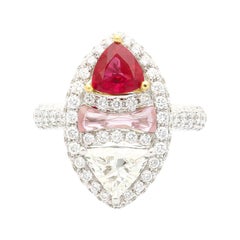 GRS Certified Trilliant Cut Burma Ruby and Diamond Long Frame Toi Et Moi Ring