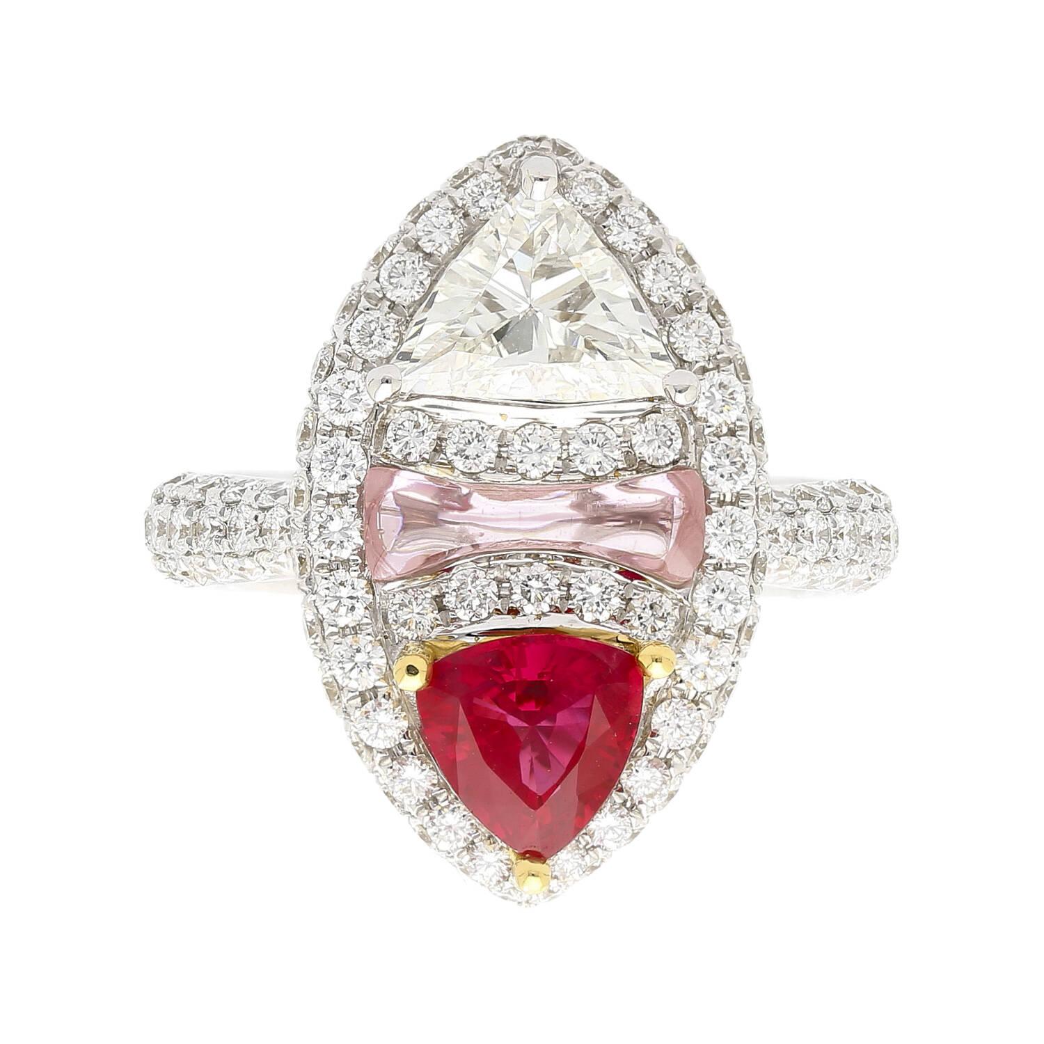 Modern GRS Certified Trilliant Cut Burma Ruby and Diamond Long Frame Toi Et Moi Ring For Sale