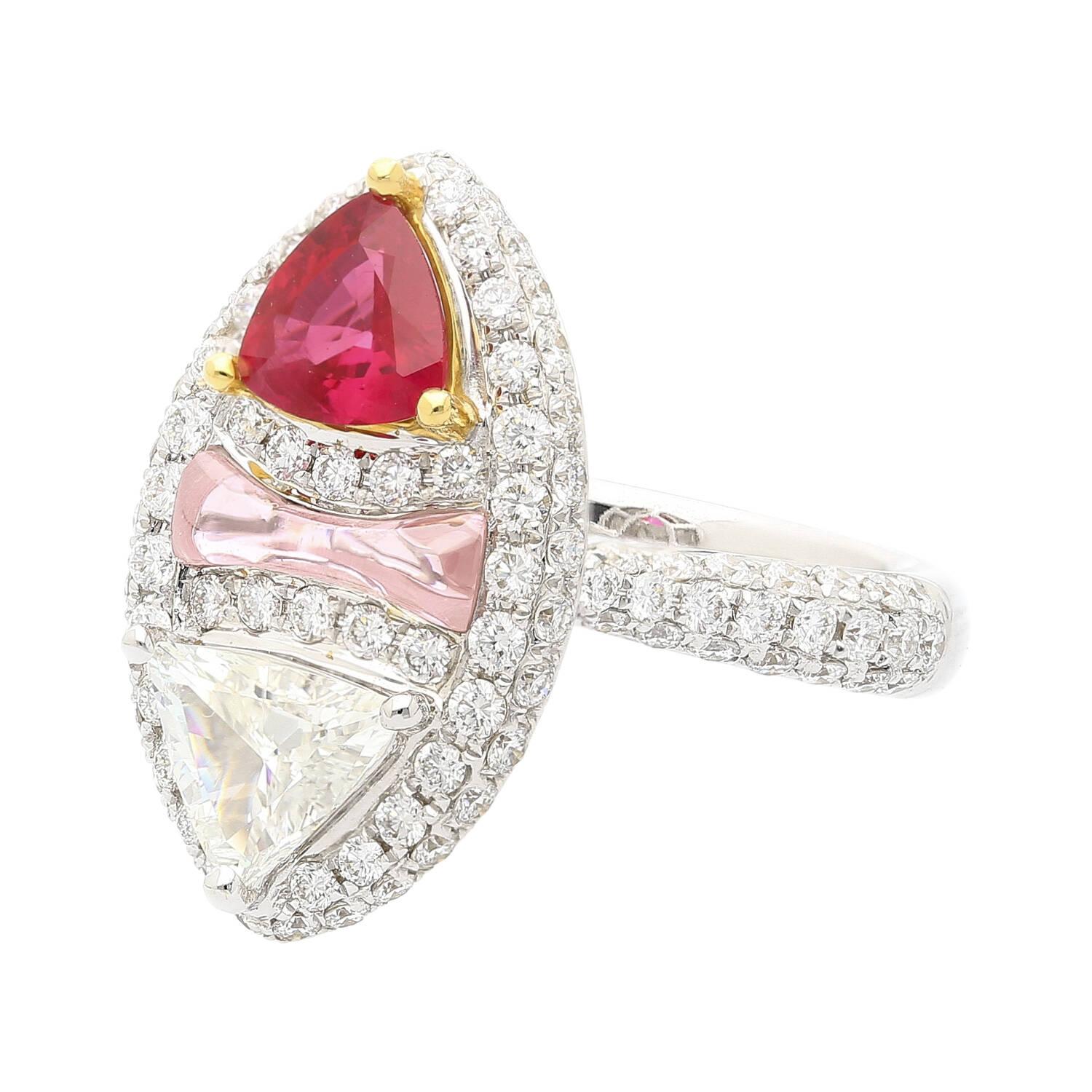 Trillion Cut GRS Certified Trilliant Cut Burma Ruby and Diamond Long Frame Toi Et Moi Ring For Sale