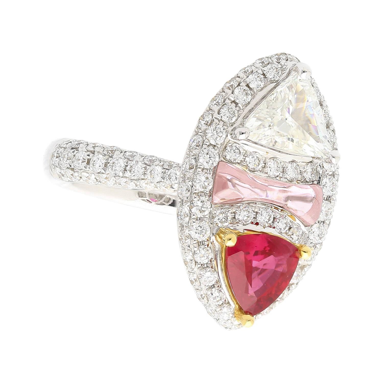 GRS Certified Trilliant Cut Burma Ruby and Diamond Long Frame Toi Et Moi Ring In New Condition For Sale In Miami, FL