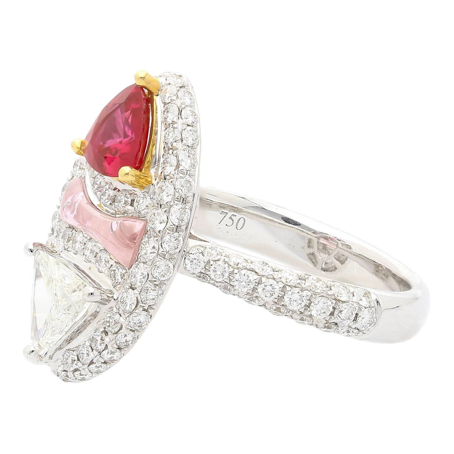 Women's GRS Certified Trilliant Cut Burma Ruby and Diamond Long Frame Toi Et Moi Ring For Sale