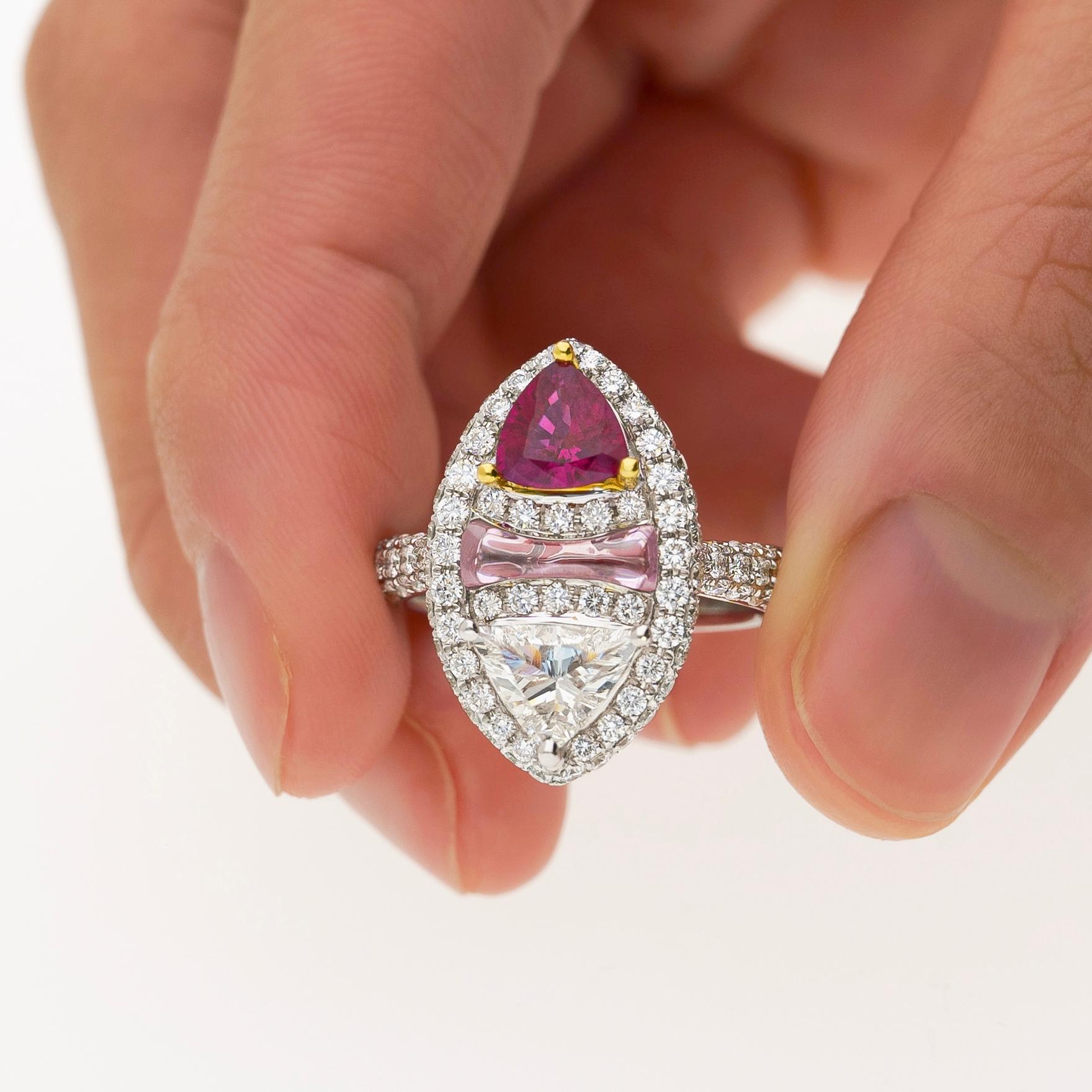 GRS Certified Trilliant Cut Burma Ruby and Diamond Long Frame Toi Et Moi Ring For Sale 1