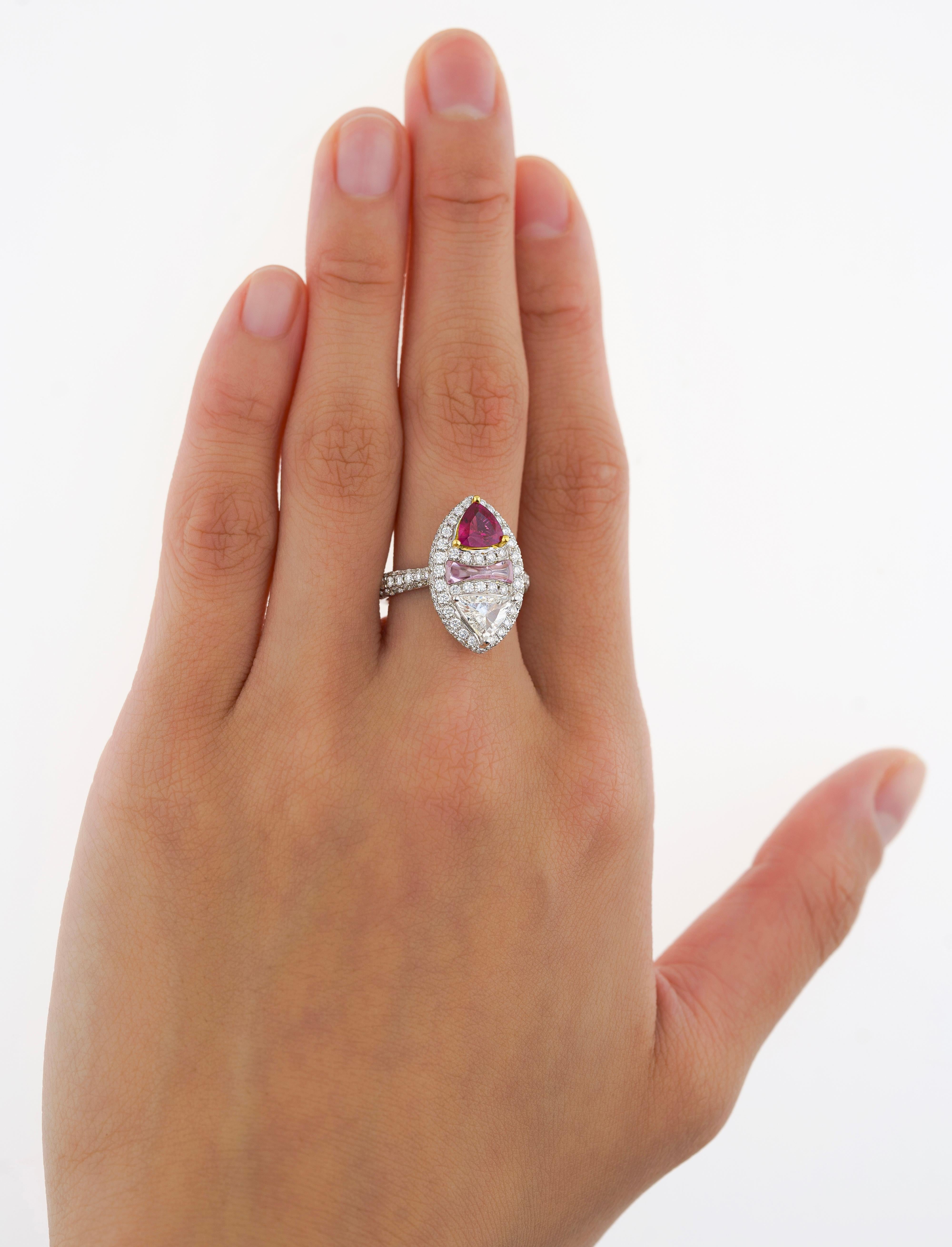 GRS Certified Trilliant Cut Burma Ruby and Diamond Long Frame Toi Et Moi Ring For Sale 2