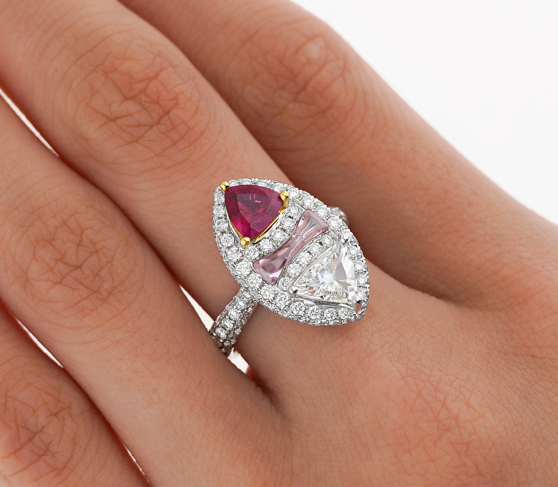 GRS Certified Trilliant Cut Burma Ruby and Diamond Long Frame Toi Et Moi Ring For Sale 3