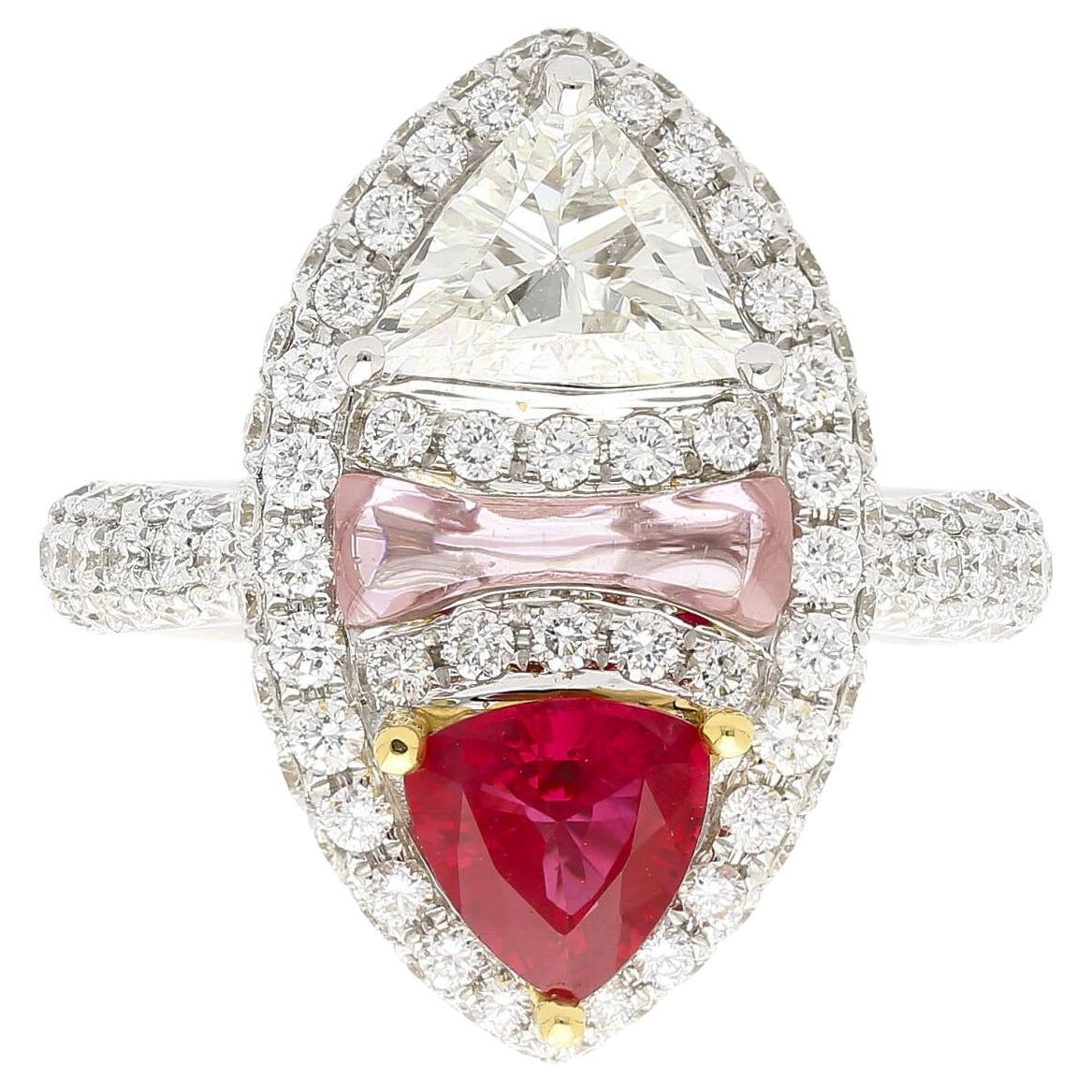 GRS Certified Trilliant Cut Burma Ruby and Diamond Long Frame Toi Et Moi Ring For Sale
