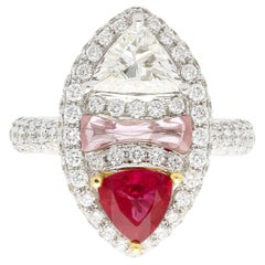 GRS Certified Trilliant Cut Burma Ruby and Diamond Long Frame Toi Et Moi Ring