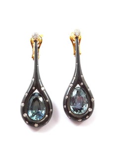 GRS Certified Unheated Burmese Sapphire In Blackened Silver and Gold Earrings