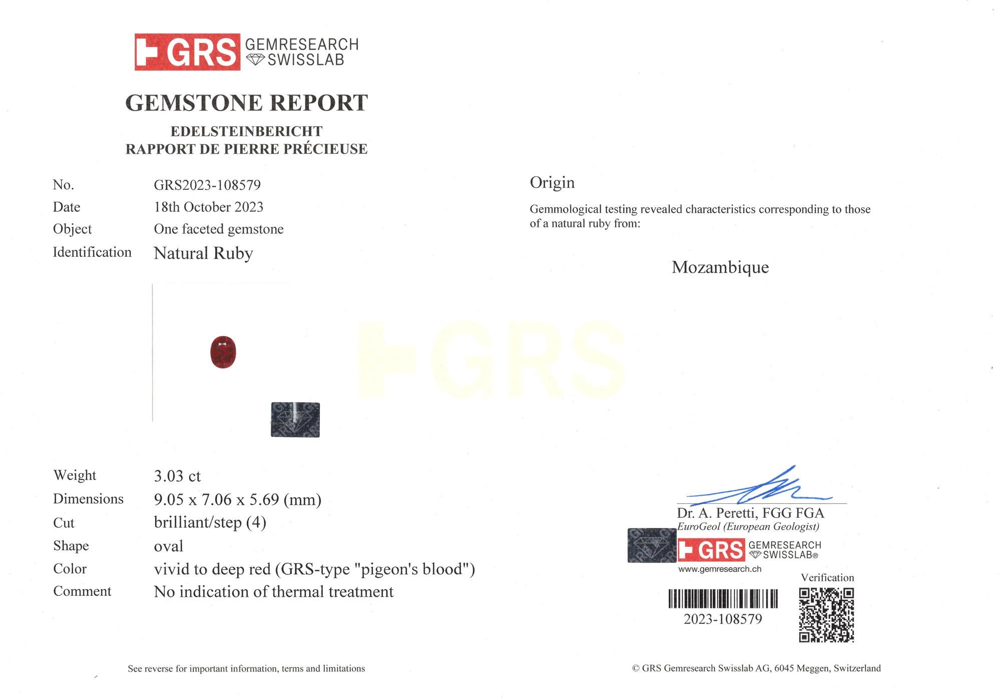 Solitärring, GRS-zertifizierter unerhitzter Rubin 3 Karat Diamant Solitär (Zeitgenössisch) im Angebot