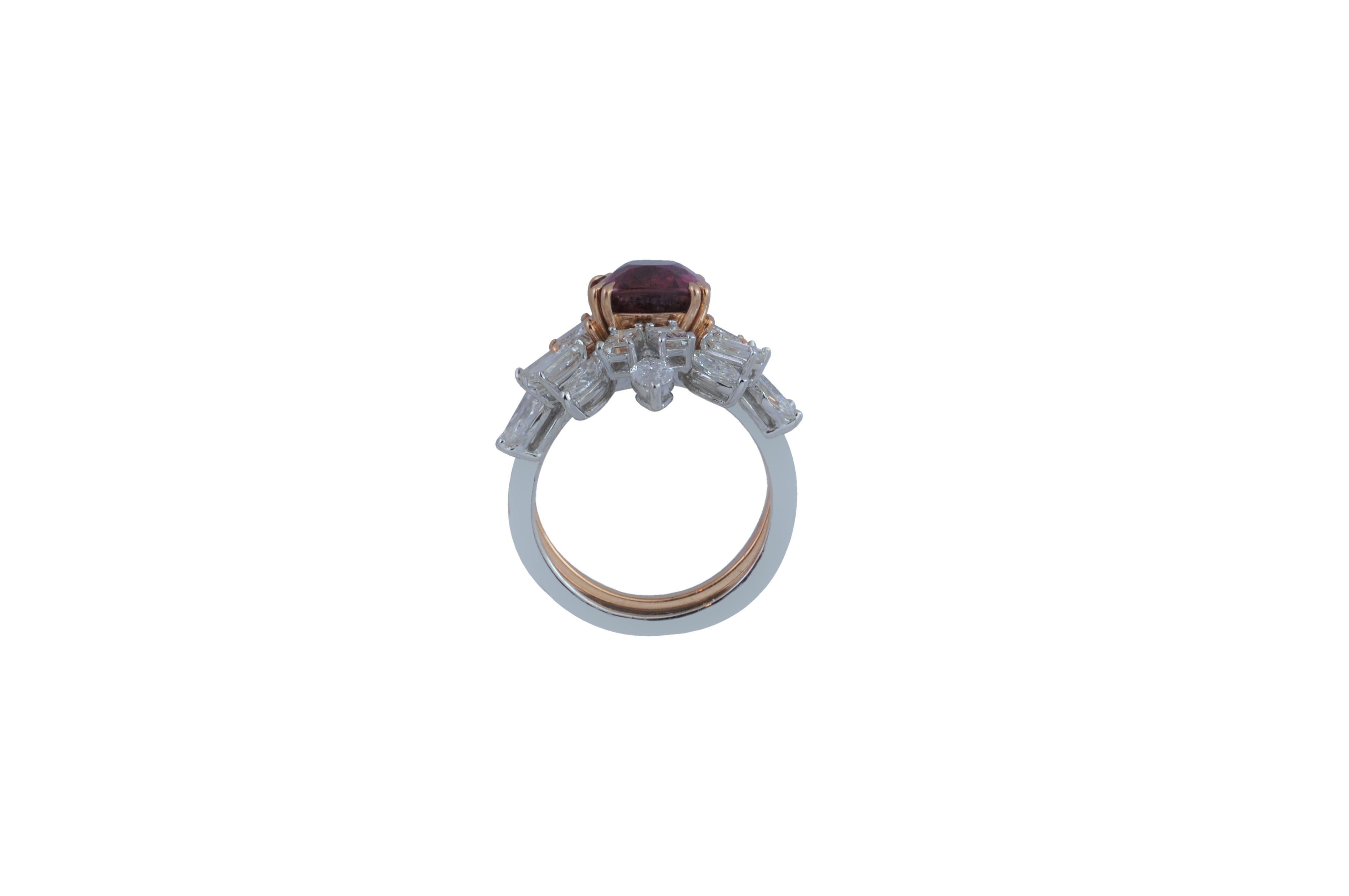 Contemporary GRS Certified Unheated Ruby with Diamond Jacket Ring in 18 Karat Rose/White Gold For Sale