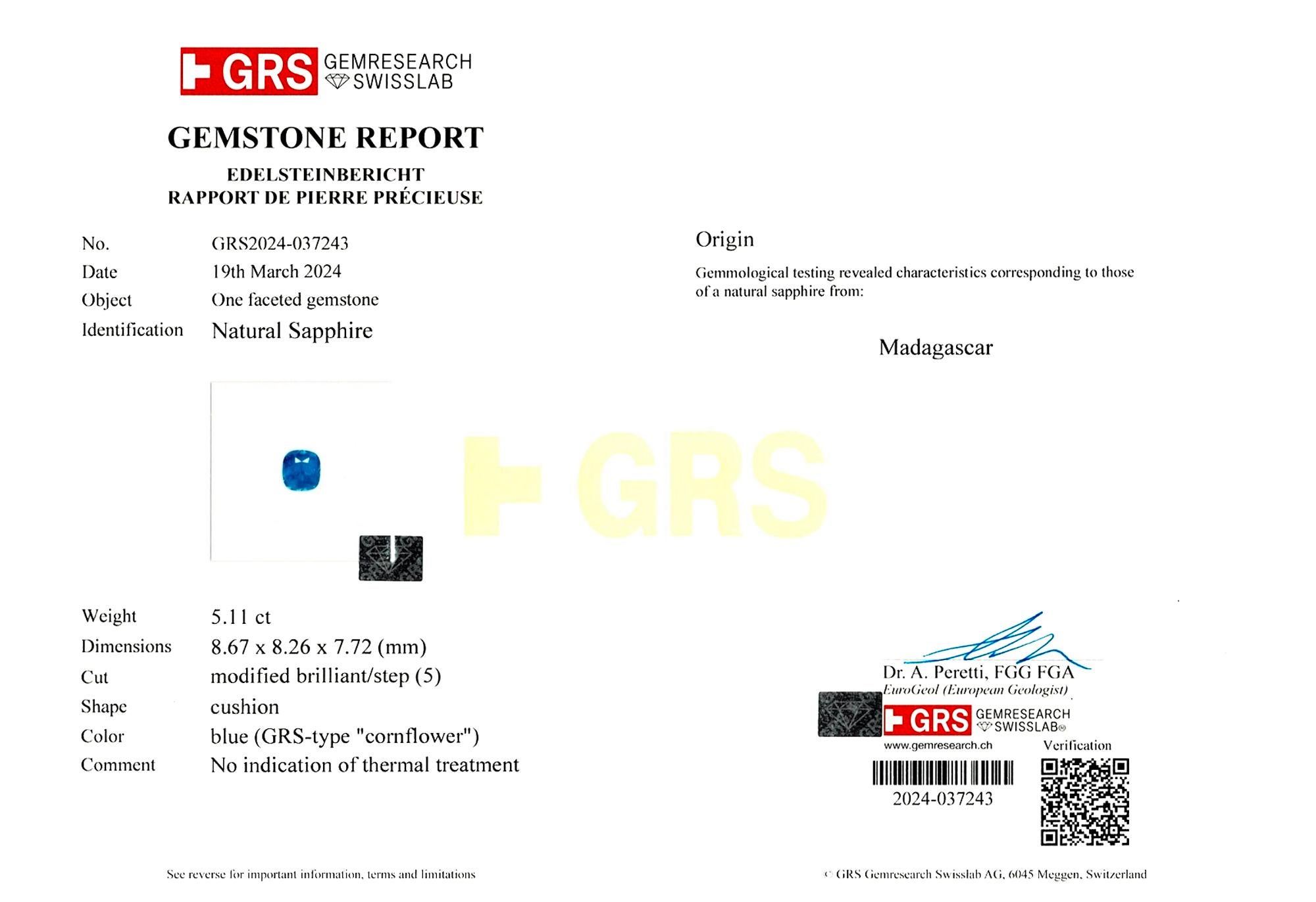 Platinring mit GRS-zertifiziertem unbehandeltem Saphir 5,11 Kornblumen-Saphir und Diamant (Kissenschliff) im Angebot