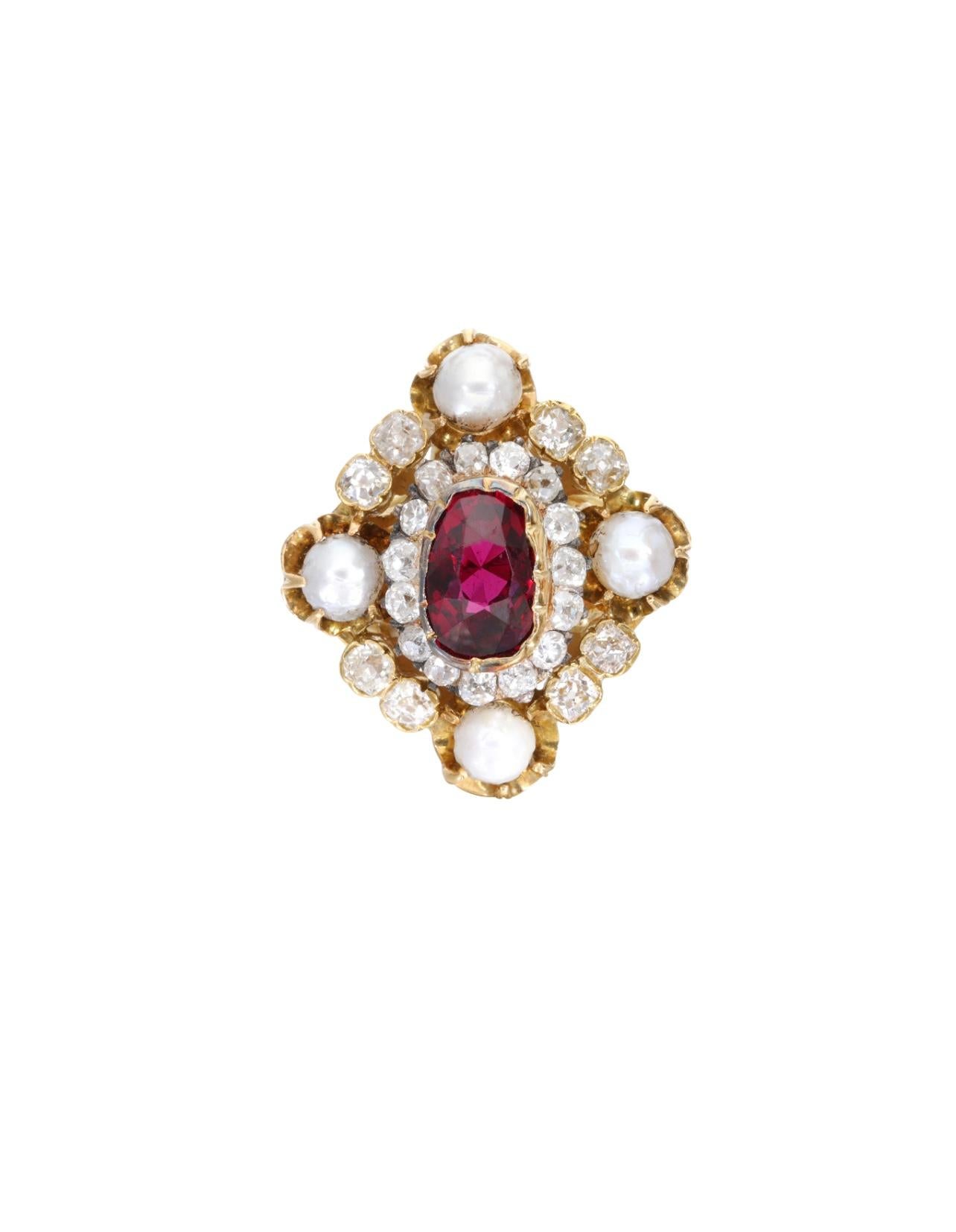 Vintage Natural Thai ( heated )  ruby ring with old cut diamonds  and pearls with French hallmark owl on the shank of the ring. 
The details are as follows : 
Old cut Diamond weight : 2 carats approximately 
Ruby weight : 2.90 carats approximately