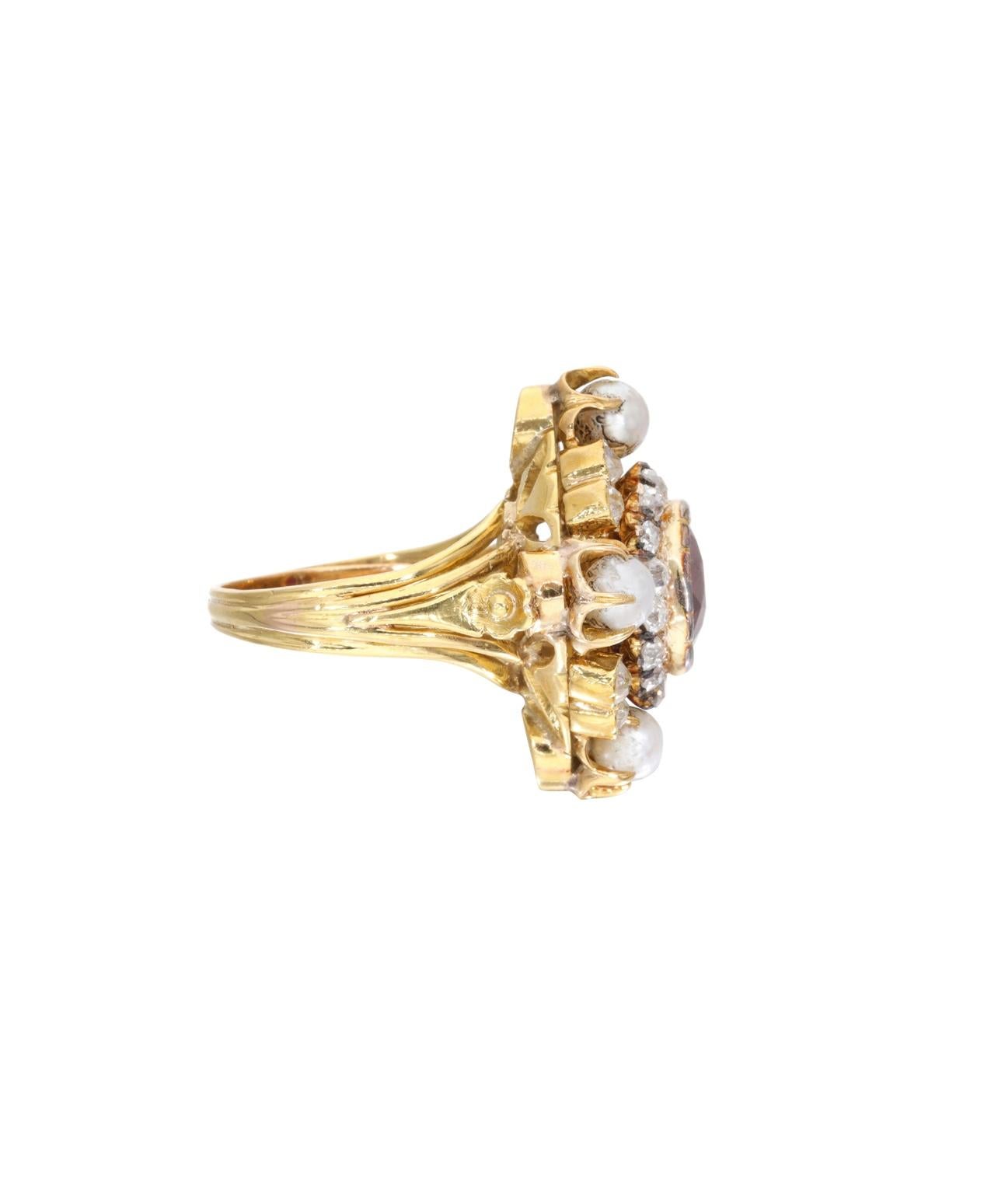 Cushion Cut GRS Certified Vintage Thai Ruby, Pearl and Diamond Ring in 18k Yellow Gold For Sale