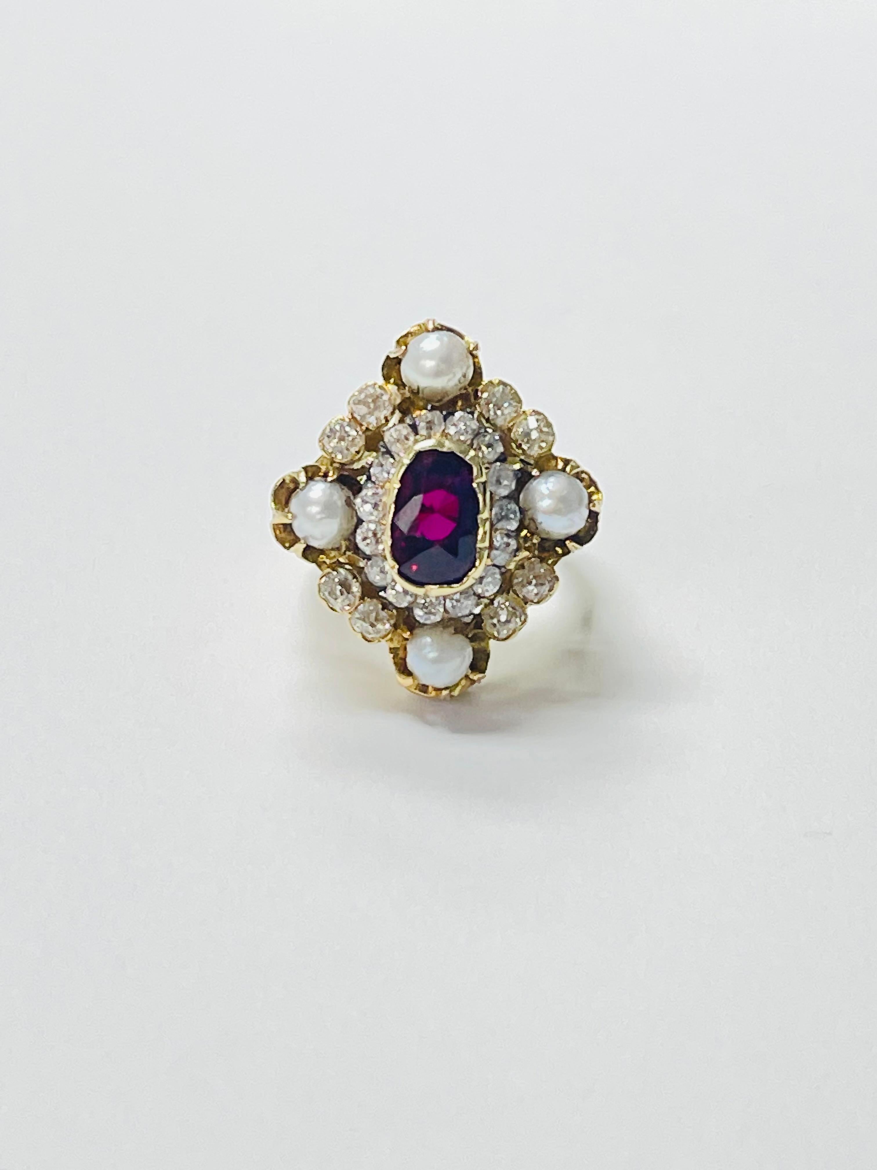 Women's GRS Certified Vintage Thai Ruby, Pearl and Diamond Ring in 18k Yellow Gold For Sale