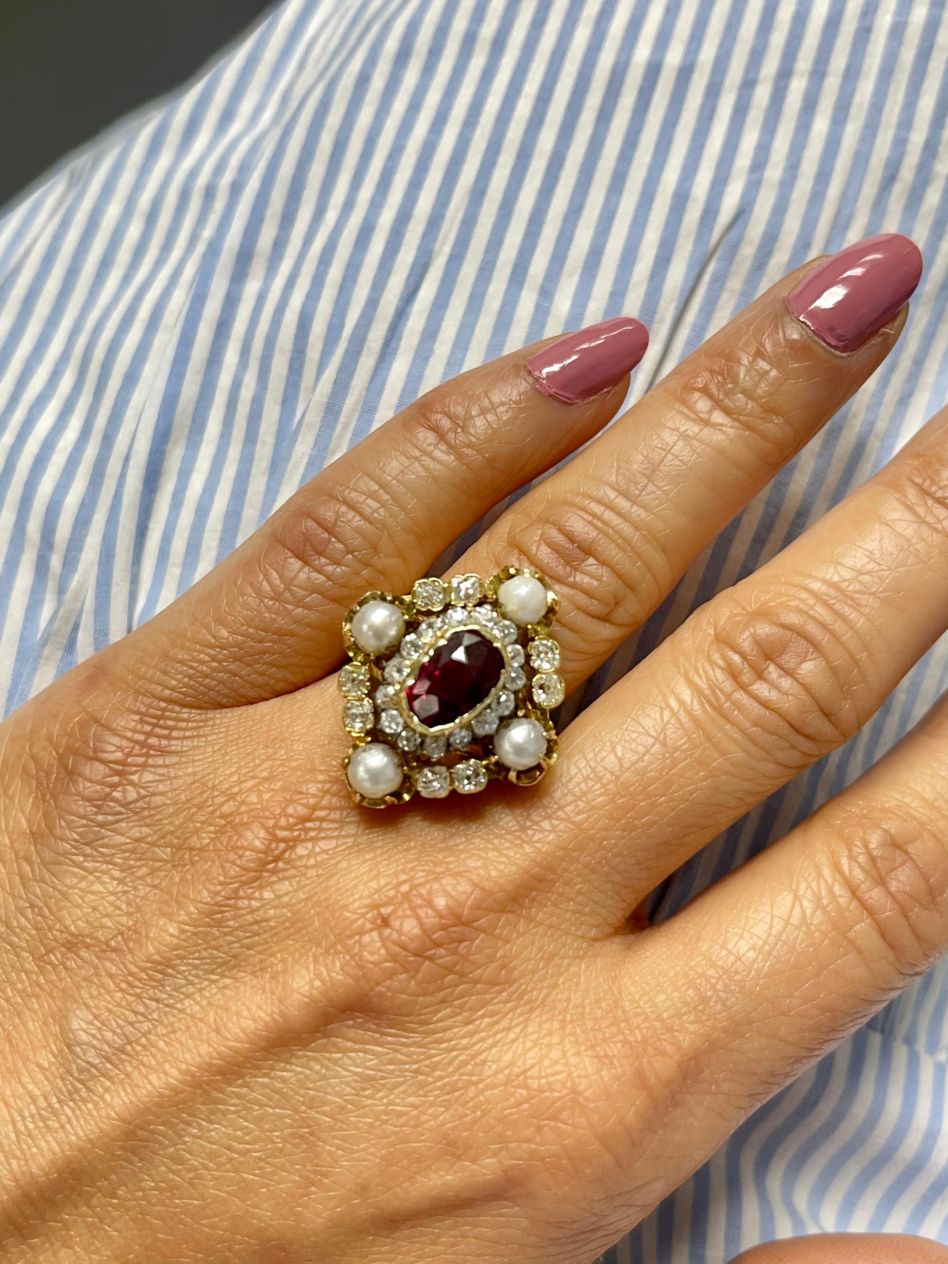 Women's GRS Certified Vintage Thai Ruby, Pearl and Diamond Ring in 18k Yellow Gold For Sale