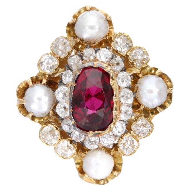 GRS Certified Vintage Thai Ruby, Pearl and Diamond Ring in 18k Yellow Gold For Sale