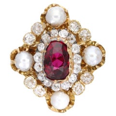 GRS Certified Retro Thai Ruby, Pearl and Diamond Ring in 18k Yellow Gold