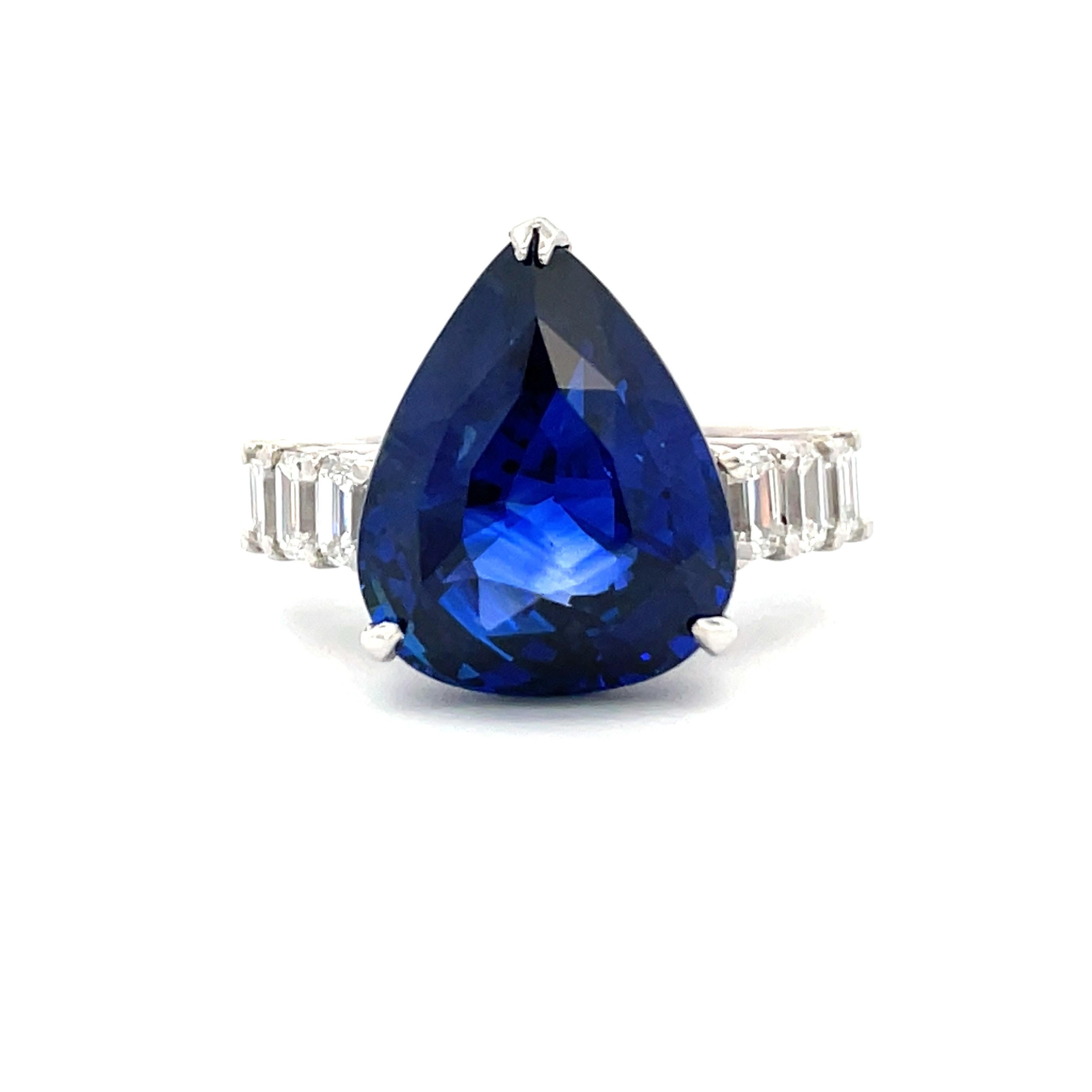 GRS Certified Vivid Blue Pear Shape Sapphire & Emerald Diamond Ring 11.65 Carats For Sale 3