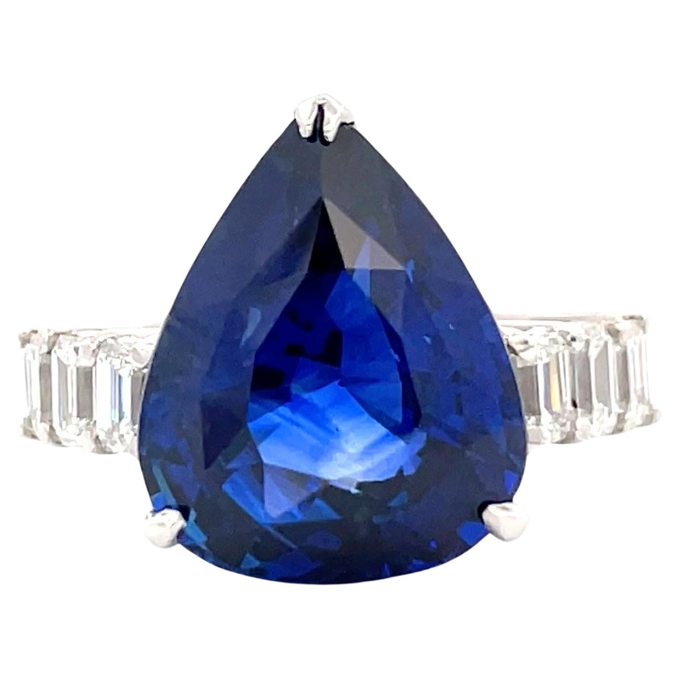 GRS Certified Vivid Blue Pear Shape Sapphire & Emerald Diamond Ring 11.65 Carats For Sale