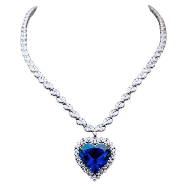 Women's or Men's GRS Certified VIVID Blue Tanzanite Heart Cut Pendant Diamond Necklace For Sale