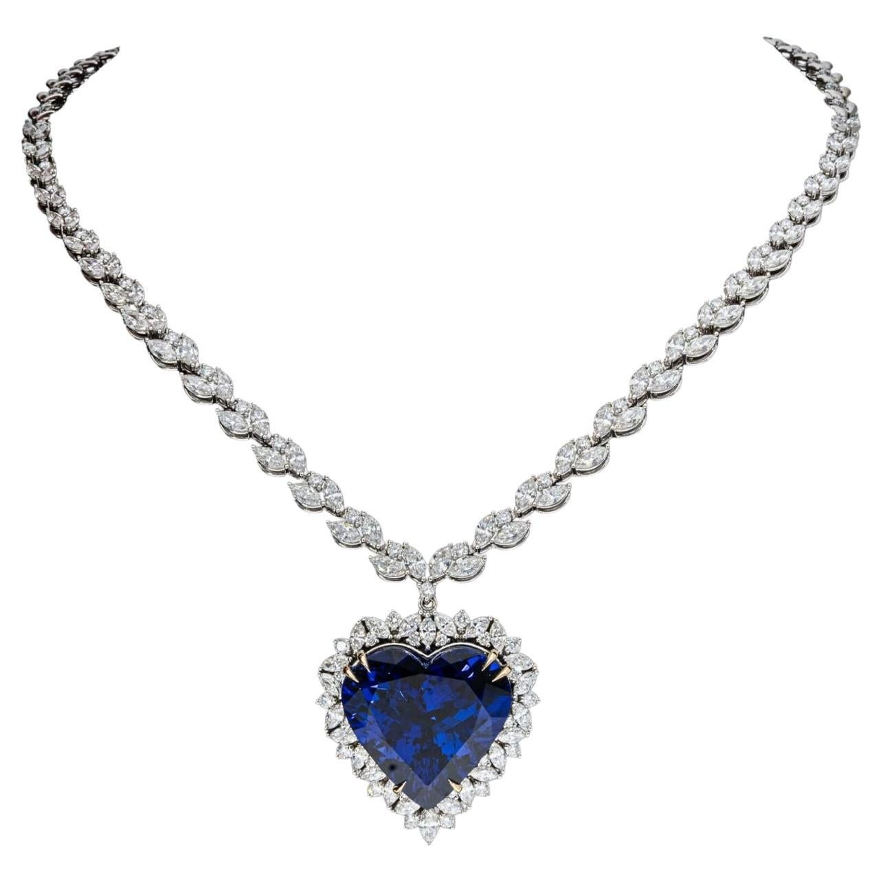 GRS Certified VIVID Blue Tanzanite Heart Cut Pendant Diamond Necklace