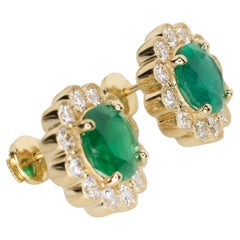 GRS Certified Vivid Green Colombian Emerald Diamond Yellow Gold Earrings