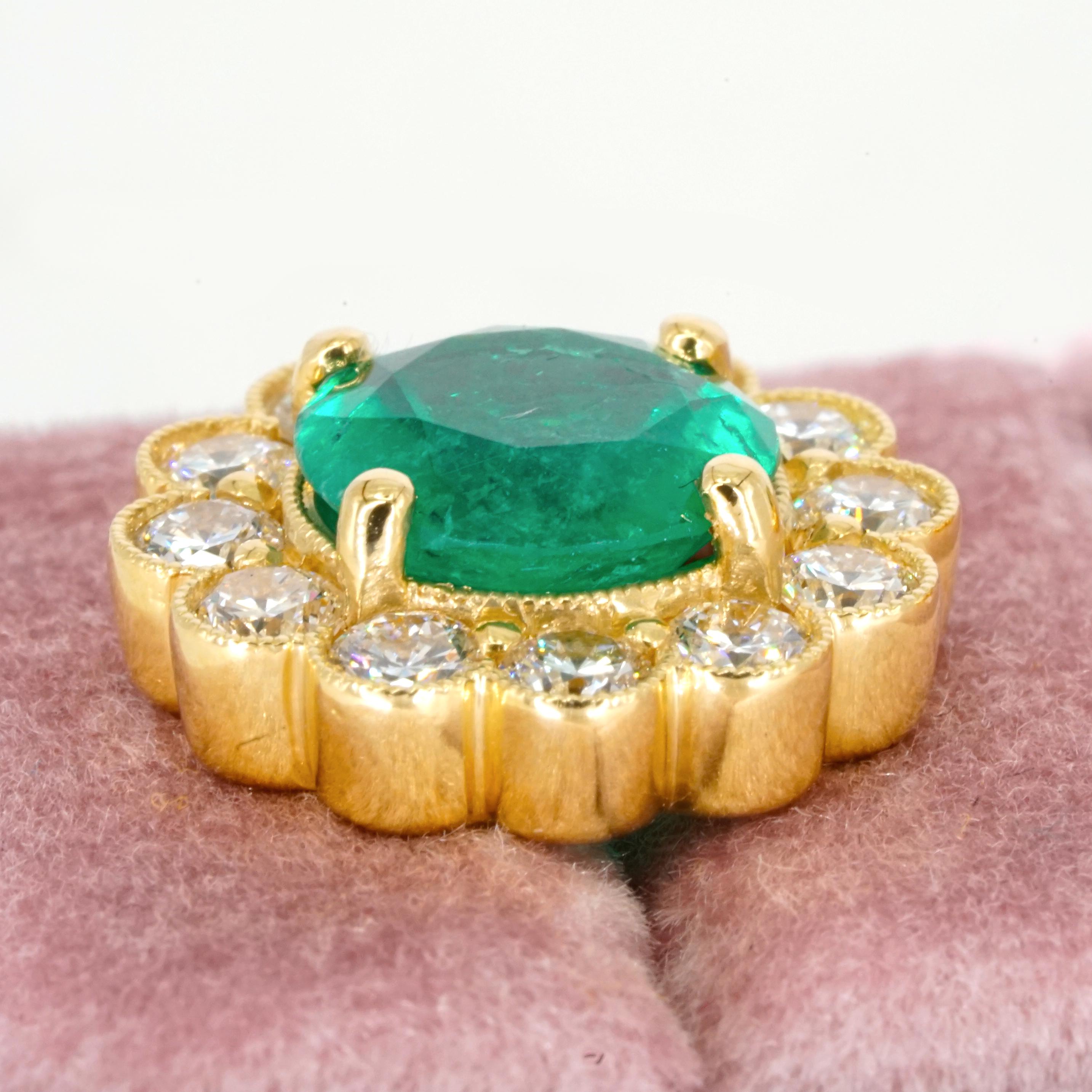 GRS Certified Vivid Green Colombian Emerald Diamond Yellow Gold Earrings For Sale 1