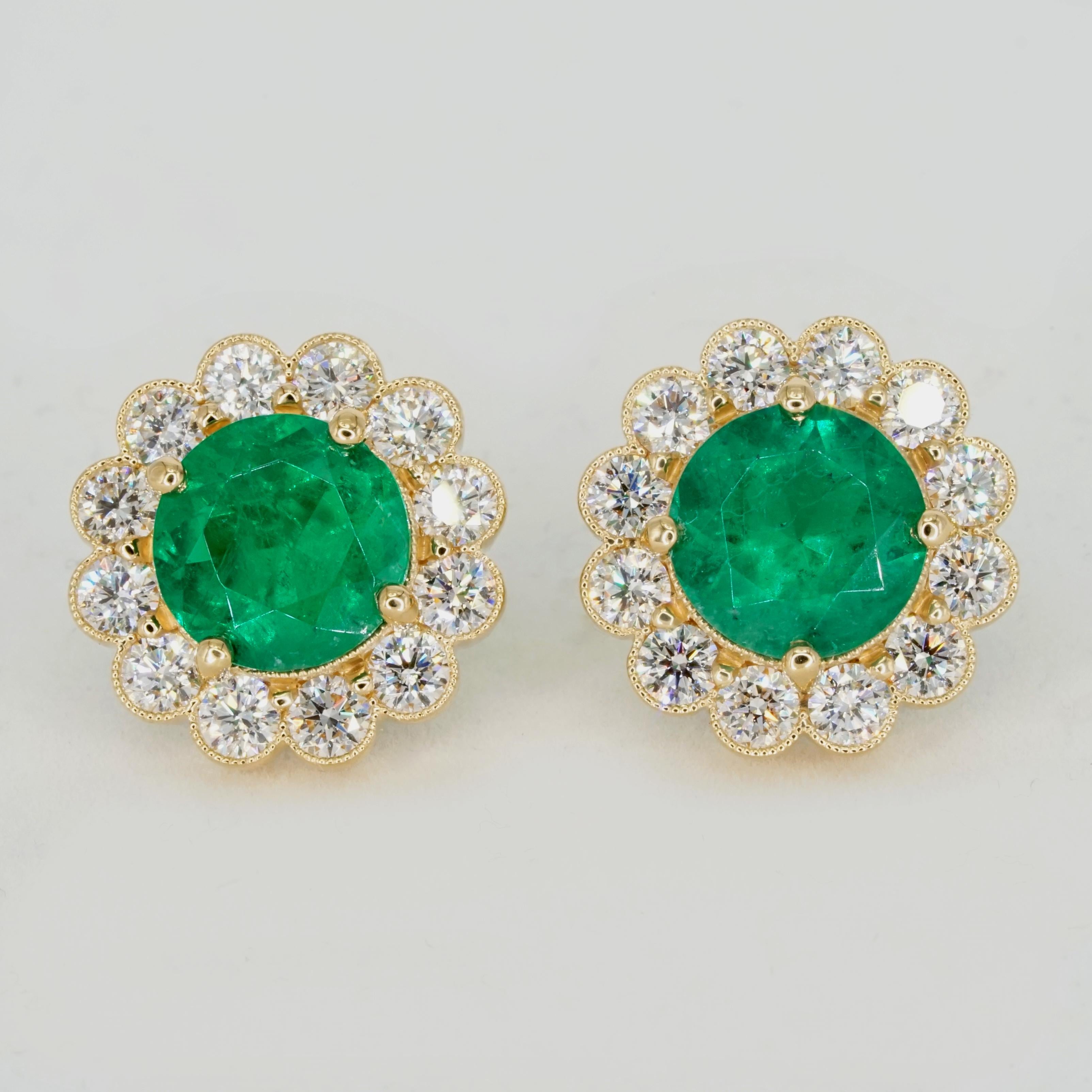 GRS Certified Vivid Green Colombian Emerald Diamond Yellow Gold Earrings For Sale 2