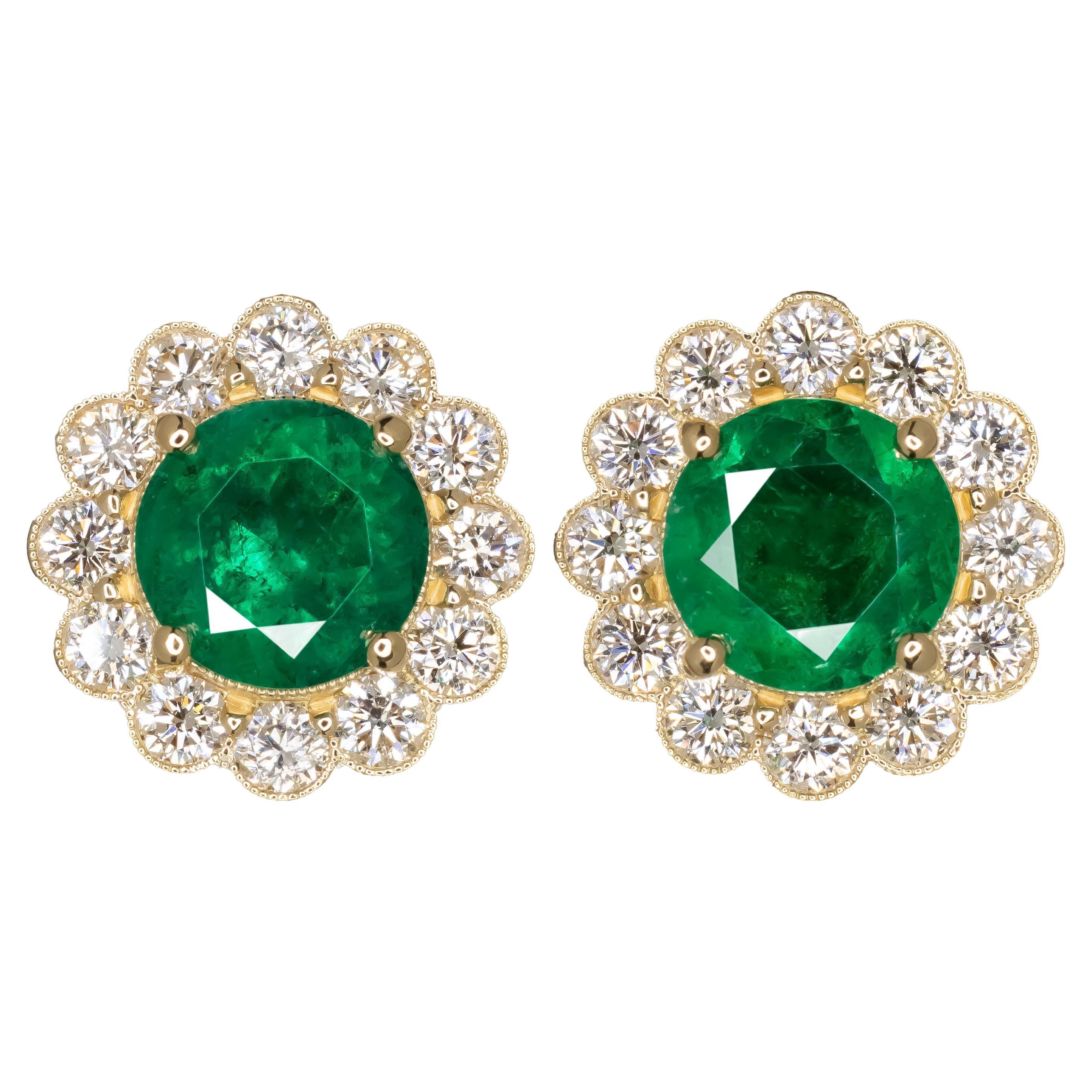 GRS Certified VIVID GREEN Colombian Emerald Diamond Yellow Gold Earrings