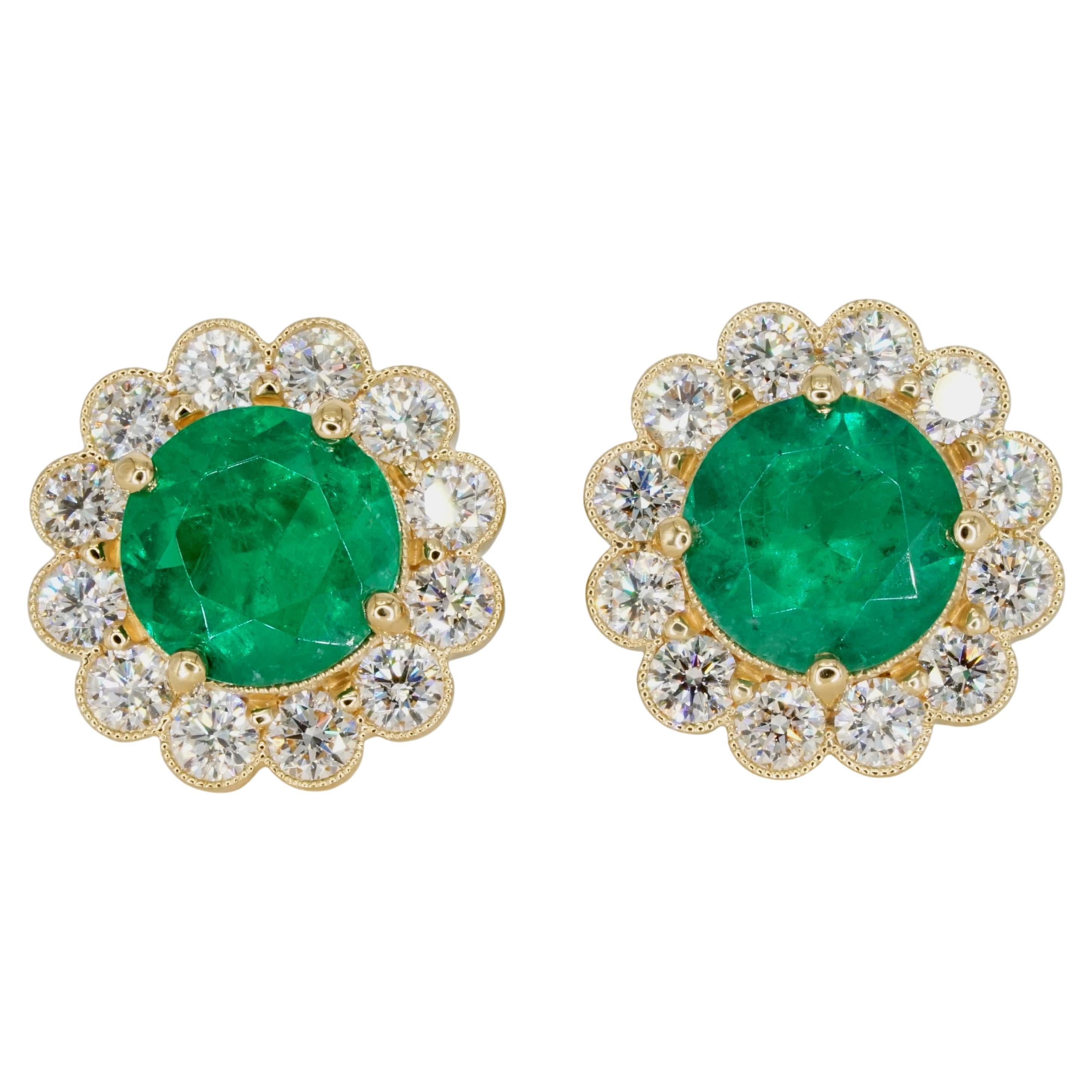 GRS Certified Vivid Green Colombian Emerald Diamond Yellow Gold Earrings For Sale