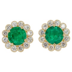 GRS Certified Vivid Green Colombian Emerald Diamond Yellow Gold Earrings