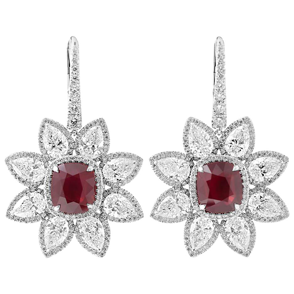 GRS Certified Vivid Red Mozambique Ruby Diamond Earrings, 14.96 Carat