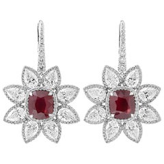 GRS Certified Vivid Red Mozambique Ruby Diamond Earrings, 14.96 Carat