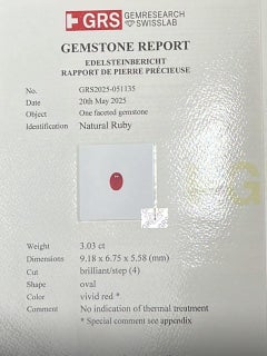 GRS Certified Vivid Red Natural Ruby Gemstone Oval Cut Faceted For Jewelry 3.03
