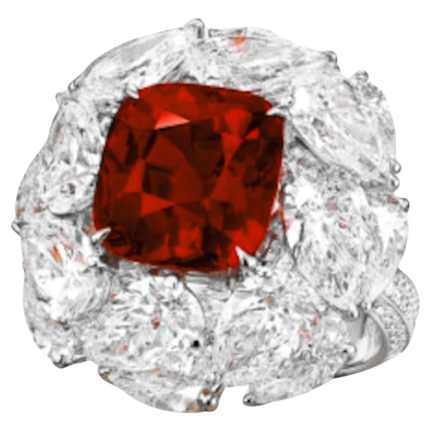 One cushion-shaped vivid red unheated ruby 3 carats

Surrounded by sixteen pear-shaped diamonds

Tiny brilliant-cut diamonds on the shank

