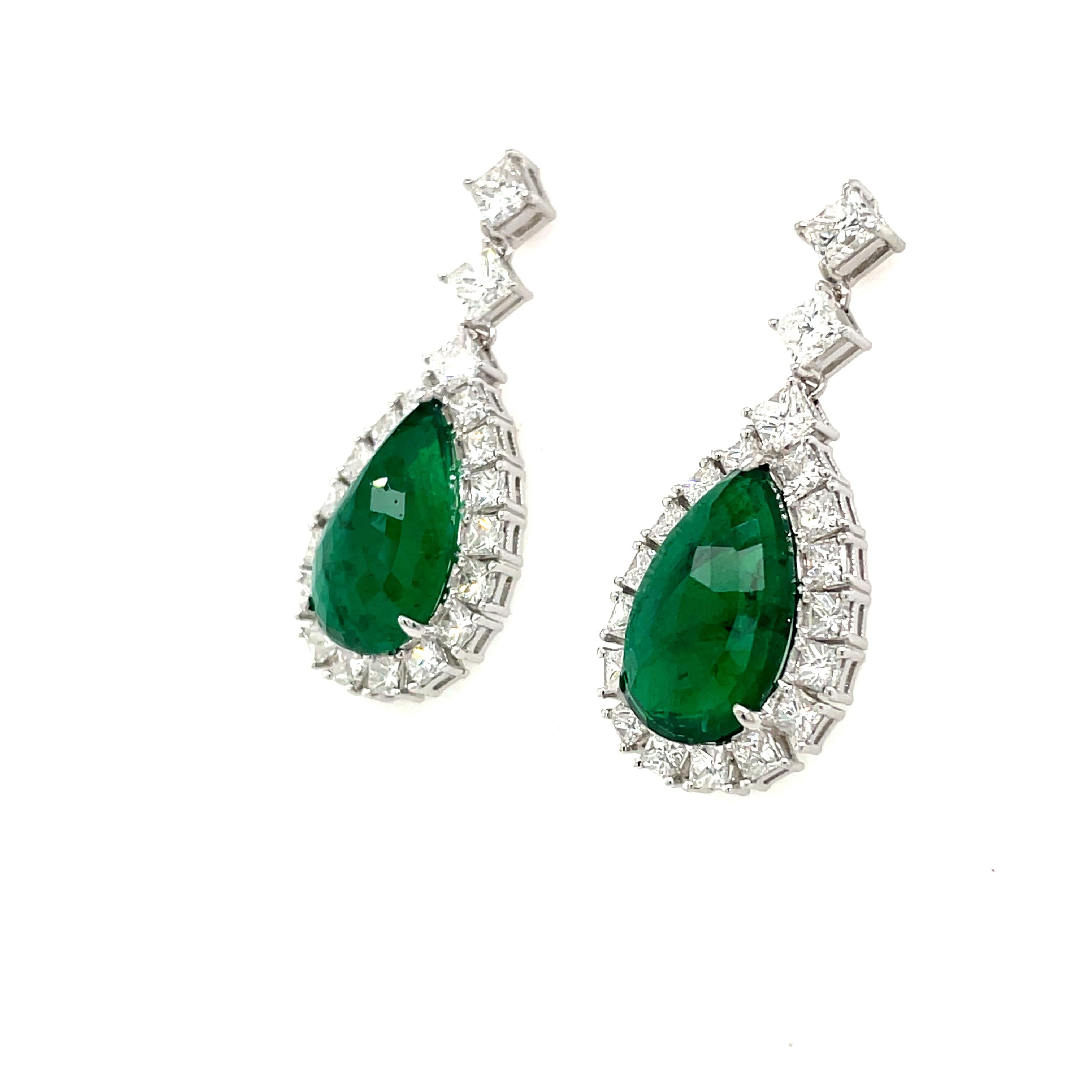 Oval Cut GRS Certified Zambian Pear-Shaped Emerald Cts 10.85 Princess-Cut Diamond Earring For Sale
