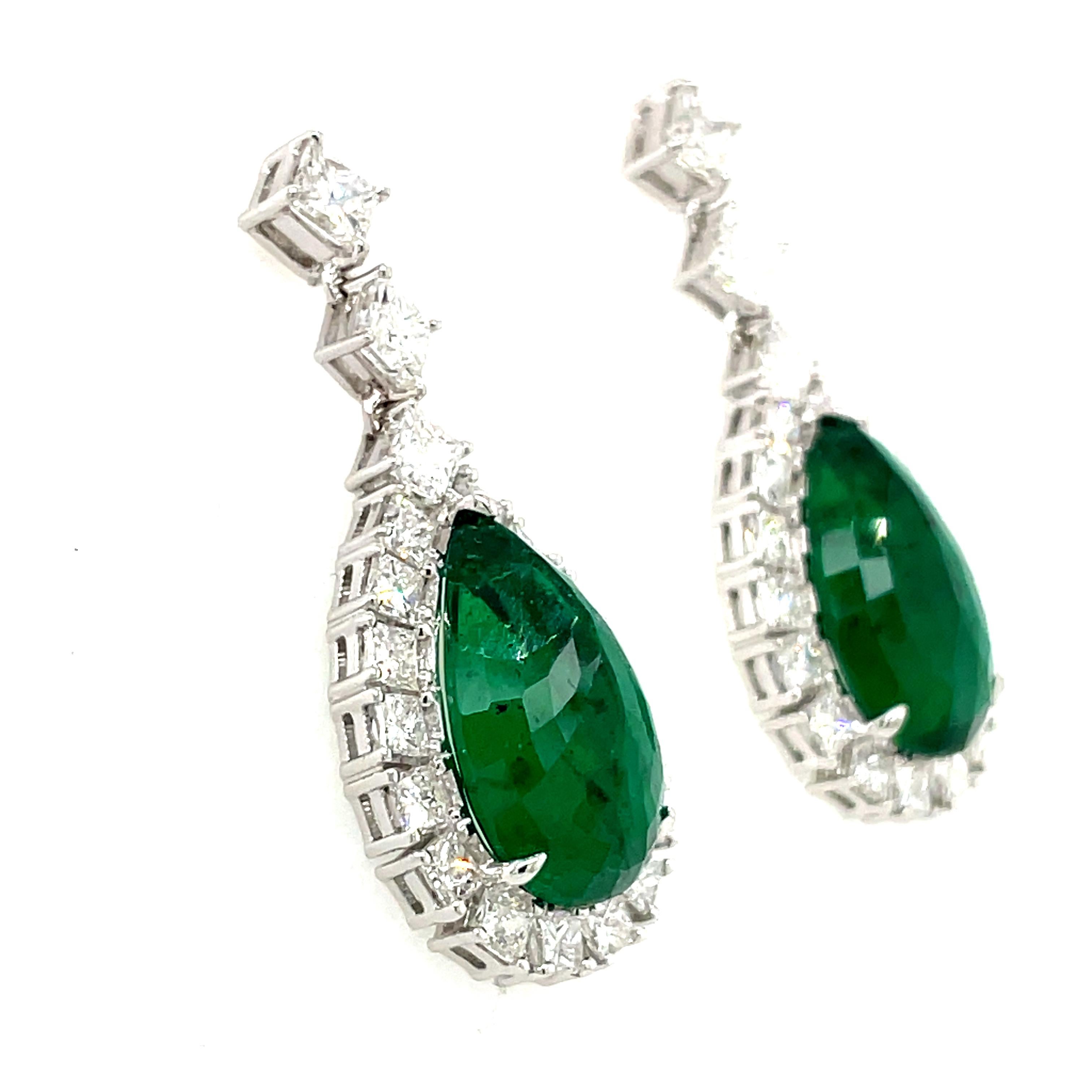 GRS Certified Zambian Pear-Shaped Emerald Cts 10.85 Princess-Cut Diamond Earring For Sale 1