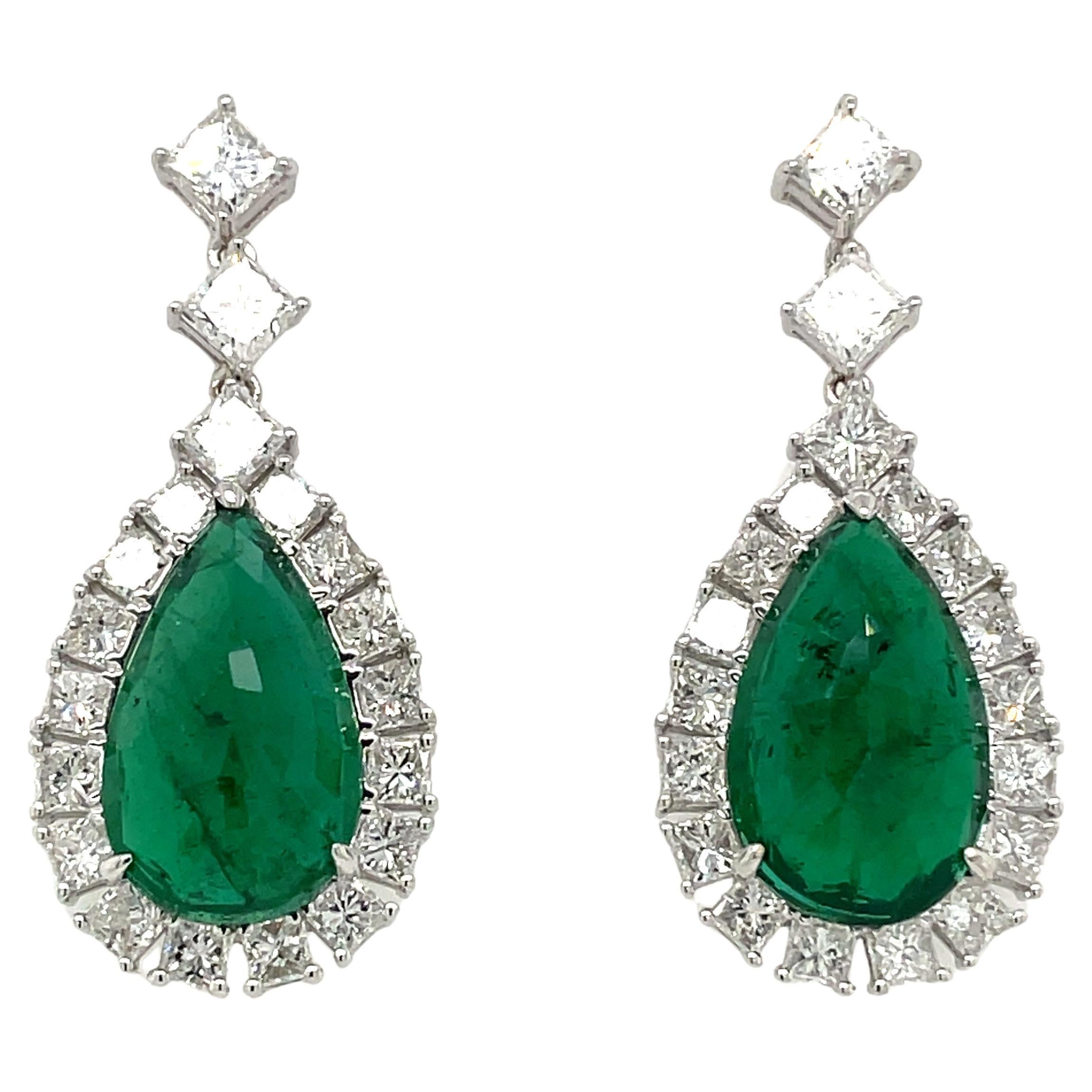 GRS Certified Zambian Pear-Shaped Emerald Cts 10.85 Princess-Cut Diamond Earring For Sale