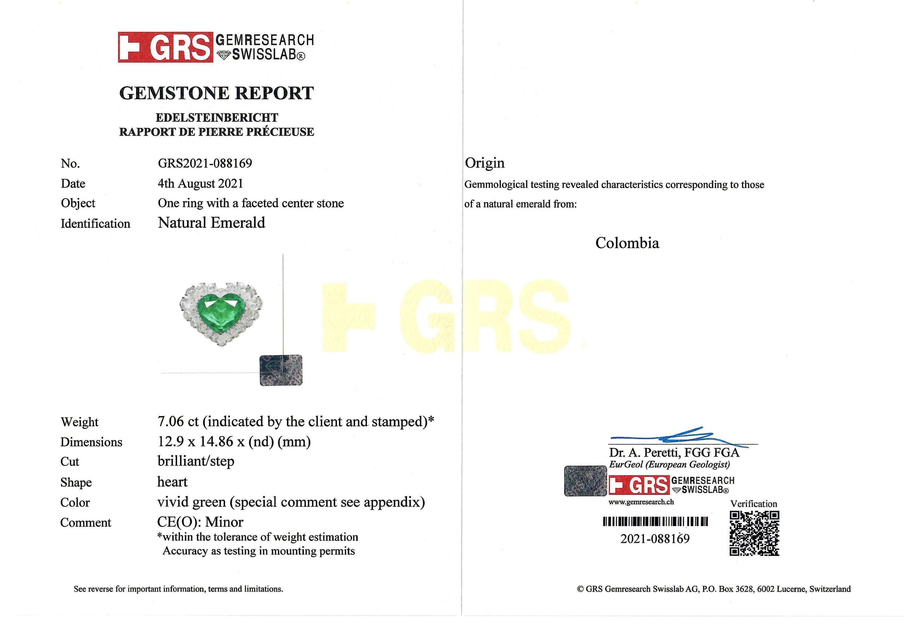 GRS Certified Colombia Emerald Heart 7.06ct Ring, Muzo Green In New Condition For Sale In Kowloon, HK