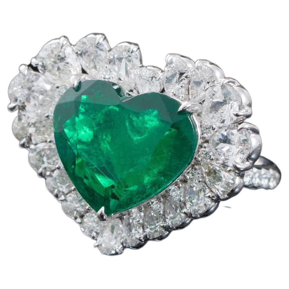 GRS Certified Colombia Emerald Heart 7.06ct Ring, Muzo Green For Sale