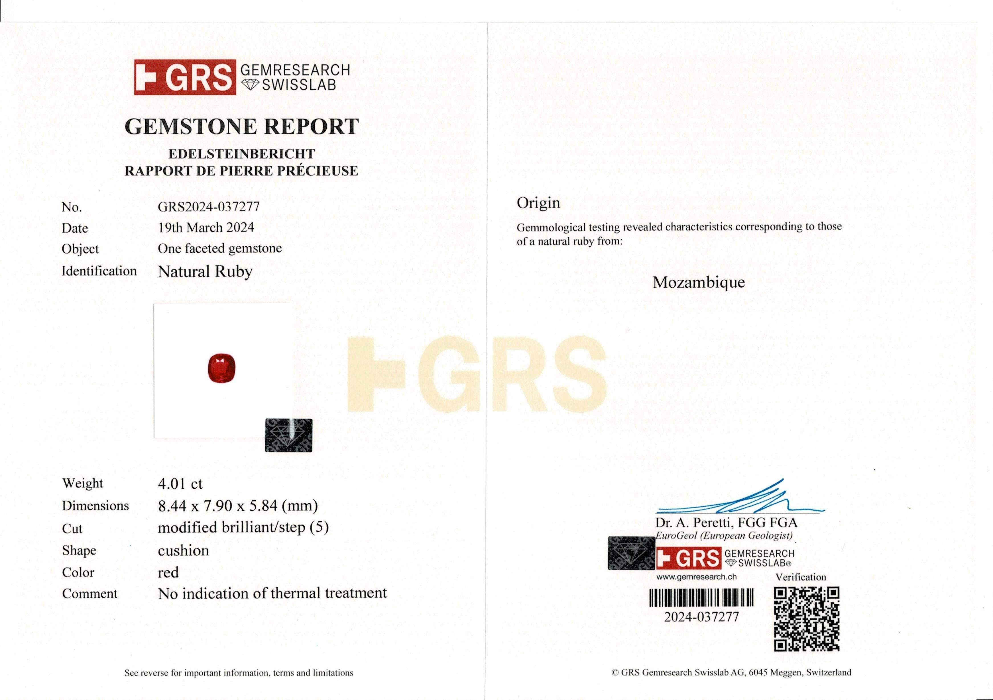GRS Ct. 4 Ct. Collar Gargantilla Diamante Rubí Mozambique Corte Cojín en Nuevo estado para la venta en Chicago, IL