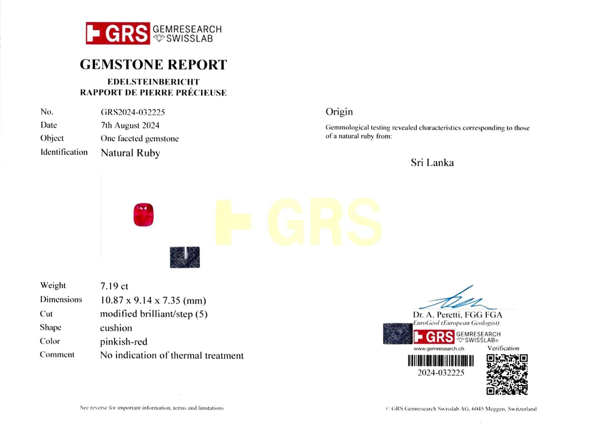 An exquisite 7.15 carat cushion ruby certified by GRS, GIA
ceylon origin

side diamonds are half moons and weight 1 carat e color vvs clarity 

set in solid platinum