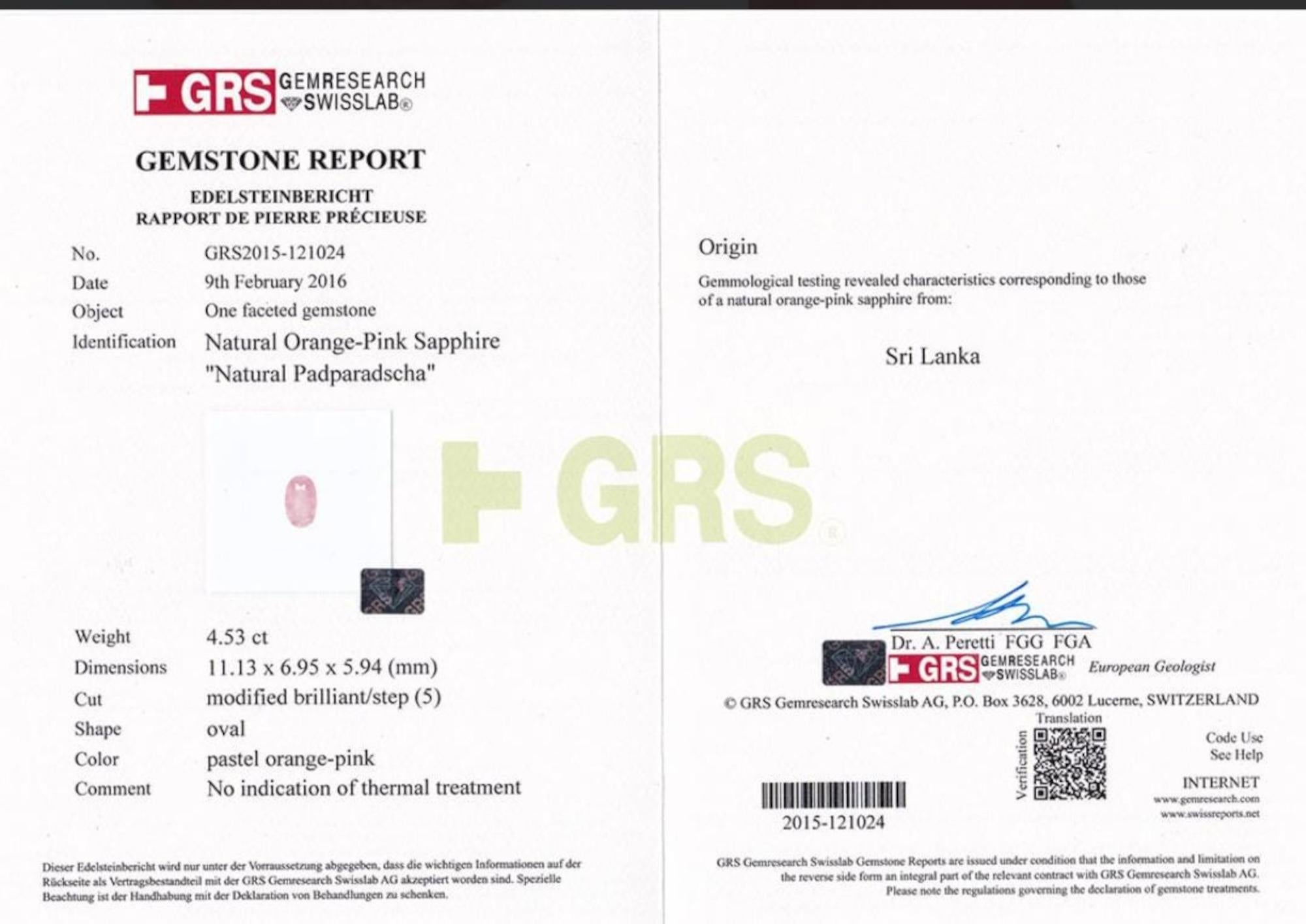 GRS GIA Certificado Padparadscha Naranja Rosa Anillo Solitario Ovalado 4.53 Quilates  en Nuevo estado para la venta en Rome, IT