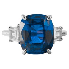 GRS GIA Cushion 3.67 CT Blue Sapphire Tapered Baguette Diamond Platinum Ring