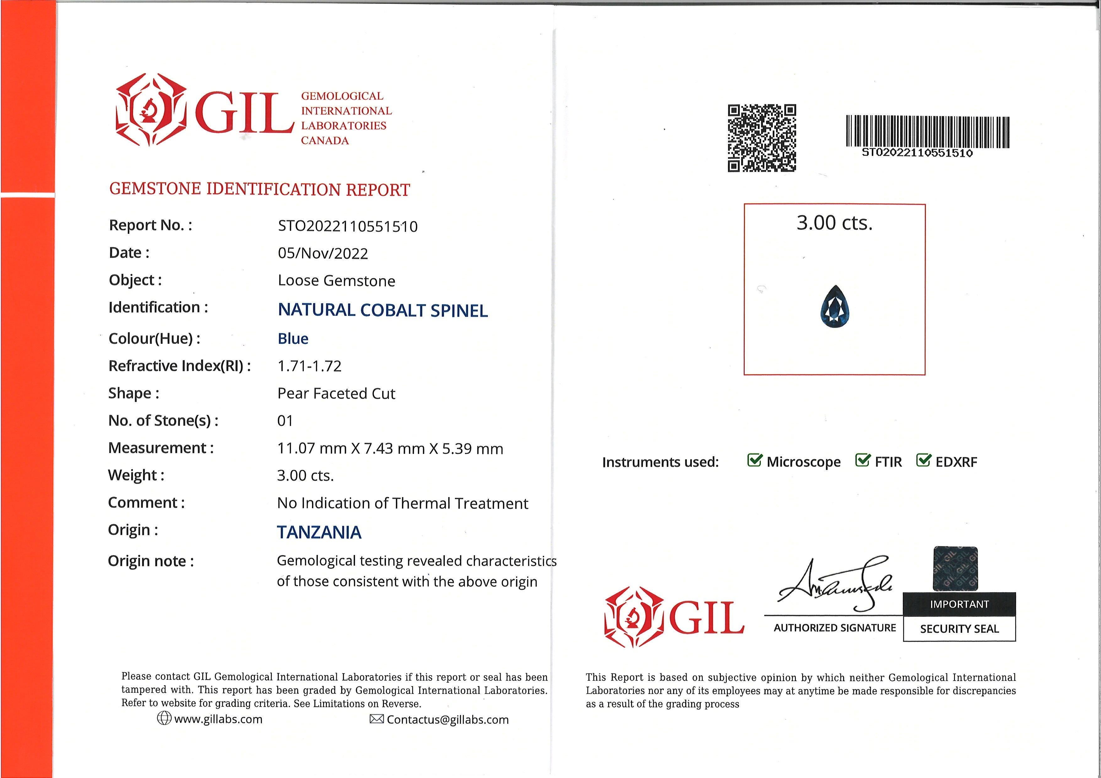 Grs & Gil Zertifizierter kobaltblauer Spinell und Diamantring (Tropfenschliff) im Angebot